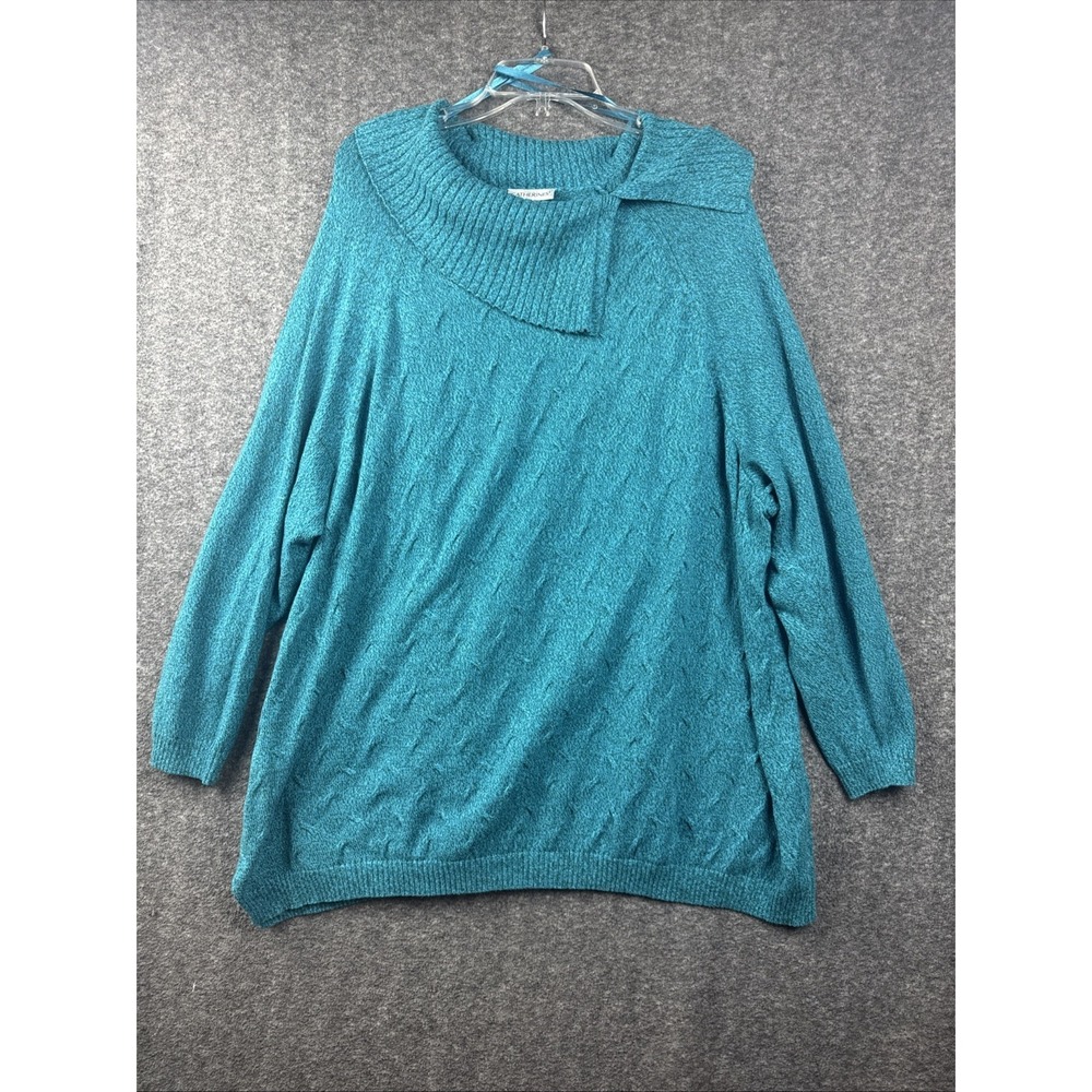 Catherines Sweater 3X 26/28 Teal Blue Marled Cowl Neck 100% Cotton Plus Knit